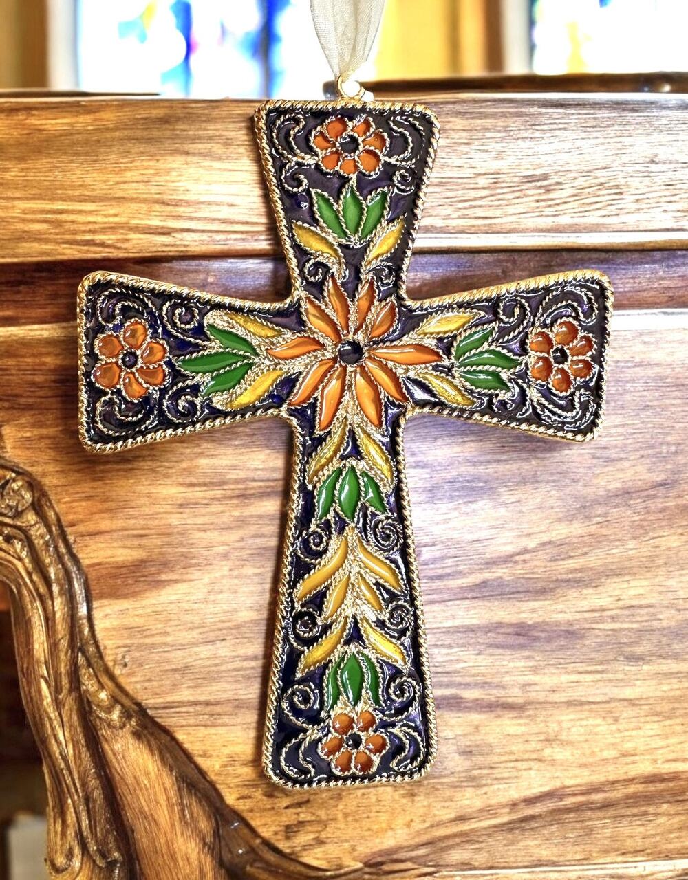 Vintage Cloisonne Cross Wall Hanging/ Ornament Vibrant Religious keepsake Decor
